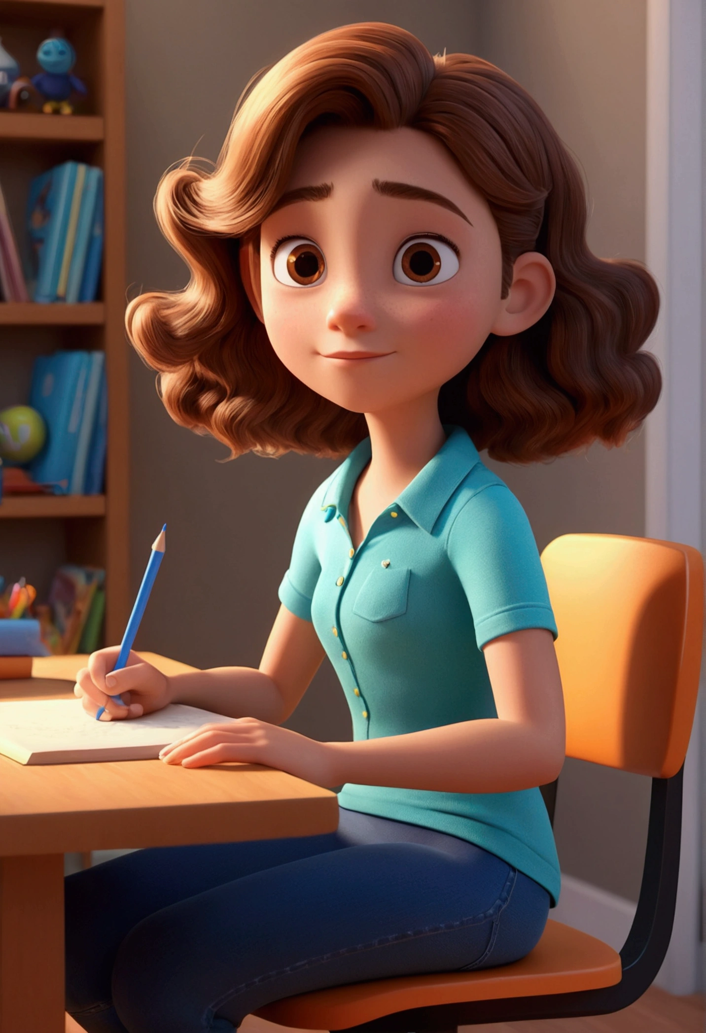 cartoon character de uma adolescente branca com cabelo castanho super encaracolado, sitting on the desk chair in her room writing a book, un cartoon character, stylized character, animation style rendering, 3d stylized, Arnold Maya rendering, Render 3d stylized, toon render screenshot, 3d character, 3d character, Stylized 3D rendering, 3D character rendering, cartoon character, Character up close, character pose, (Pixar-style) (master part:1.2) (bokeh) (best qualityer) (skin detailed) (detailed texture) (8k) (Argilla) (cinematic lighting) (sharp focus，Sit down and lift your upper body.