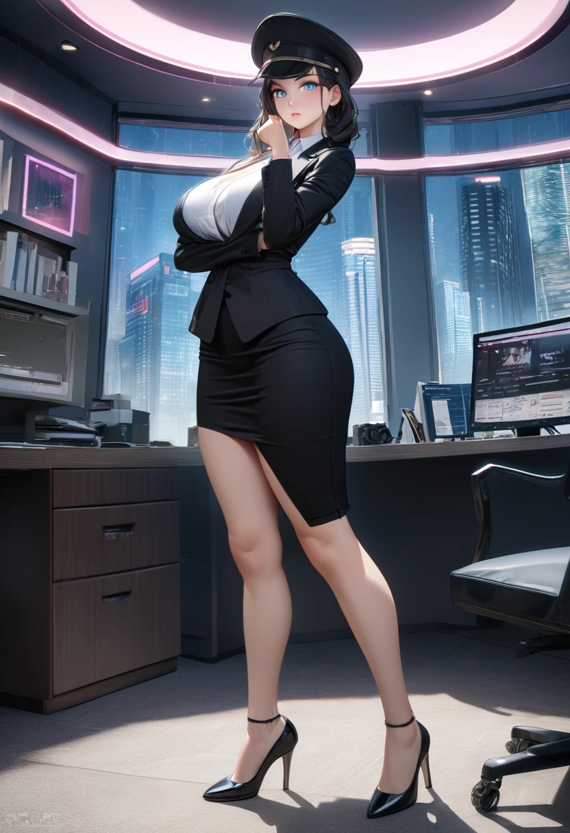 ((Best quality, 8k, masterpiece:1.3)), realistic anime style, full body, Woman with blue eyes and black hair, wearing a black hat with yellow trim, dressed in formal office attire, (large and voluminous breasts:1. 4), wide hips , (a white blouse, Black business jacket, , high heels:1.3), standing confidently in an office room with a window, from which a futuristic city with skyscrapers and neon lights in the background is visible, (Camera angle: directly, смотрит directly в глаза:1. 2), highly detailed textures and shadows, professional and elegant look, light makeup, Neatly styled hair, large breasts are emphasized by a fitted blouse, narrow waist and proportionally wide hips create an alluring silhouette, long slender legs are emphasized by a pencil skirt and high heels.