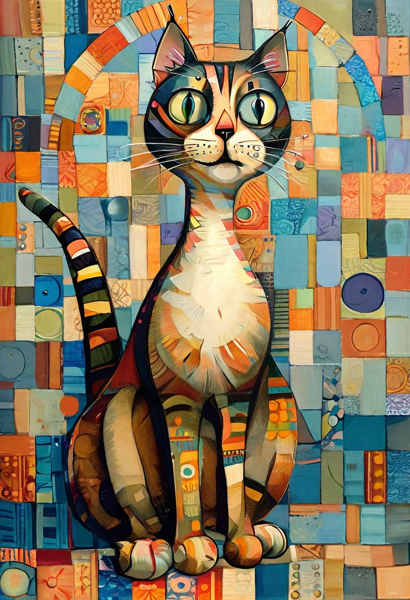 Stylized figure. very tall, slender, very long-necked cat with colorful stripes in a geometric pattern, oval head and large slit eyes and whiskers, astonished look. he is sitting at a table, holding knife and fork with his paws, in front of his empty plate. background with neutral pattern of circles and spirals. cool and warm, muted colors. Detailed drawing, skillful use of chiaroscuro to render the character's three-dimensionality.

