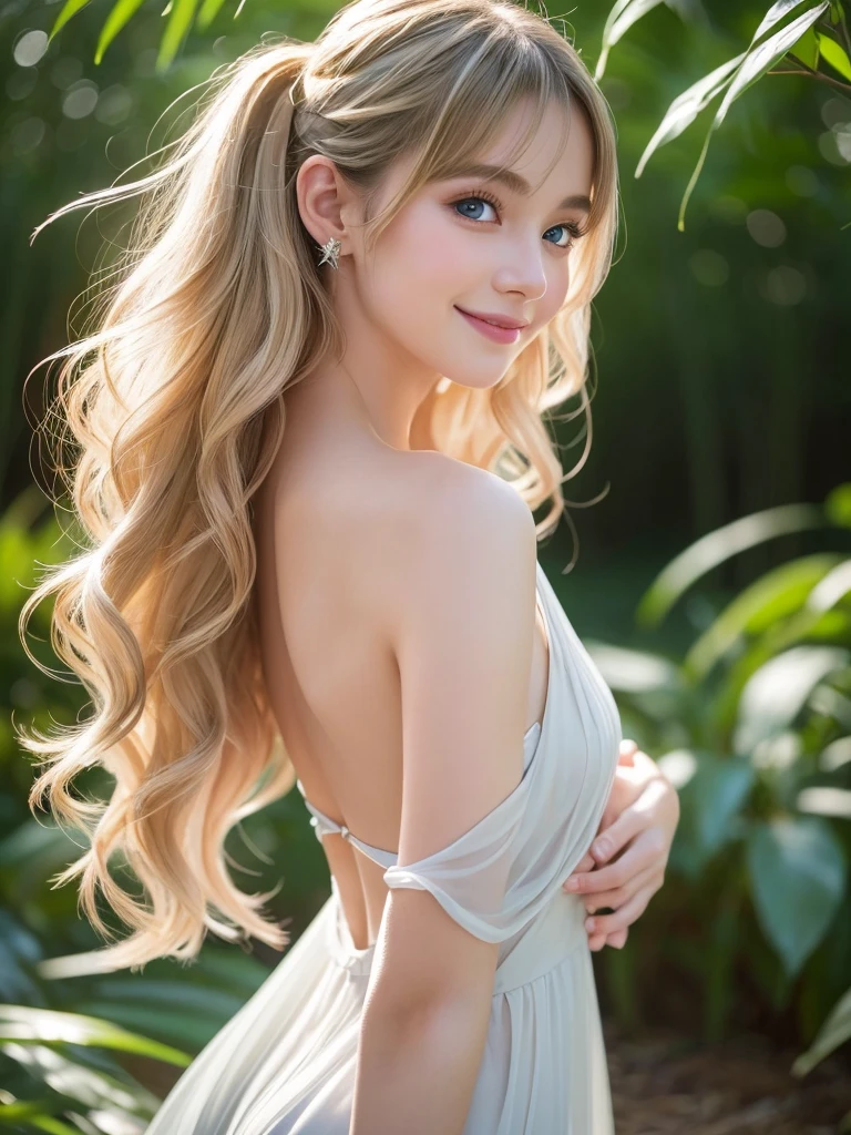 Here is a high-quality, realistic prompt for generating an 8K HD CG work:

A stunning young woman, aged 25, stands tall with a radiant smile on her perfectly proportioned face. Her long, blonde hair cascades down her back like a golden waterfall, parted to one side. Her piercing blue eyes sparkle brightly, fringed by delicate eyelashes and subtle eye makeup. A pair of rosy cheeks adds a touch of innocence to her features.

She wears a tight, silver silk dress that hugs her slender body, accentuating her medium chest and toned shoulders. The dress is blown by the gentle tropical island breeze as she stands amidst a serene bamboo forest at dawn.

Her eyes lock onto the audience, exuding a playful, flirtatious vibe. Her full lips are painted with a subtle red hue, parted in a charming smile that hints at a mischievous personality.

The camera captures her in stunning detail, from the transparent white skin to the delicate makeup on her face and the intricate hair details. The scene is bathed in soft, natural light, with a touch of virtual lighting effects to enhance the overall realism.
