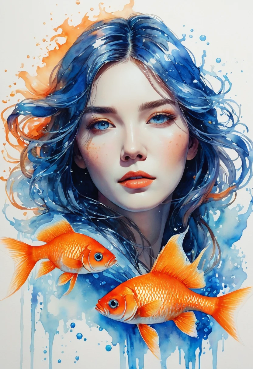 women beautiful neon fictional , ancient stories, High detail, portrait, light studio, colorful, high precision, strong, beautiful, classic, science, Renaissance, fish, wet water color ink, color orange and blue, painting watercolor, ultra clear