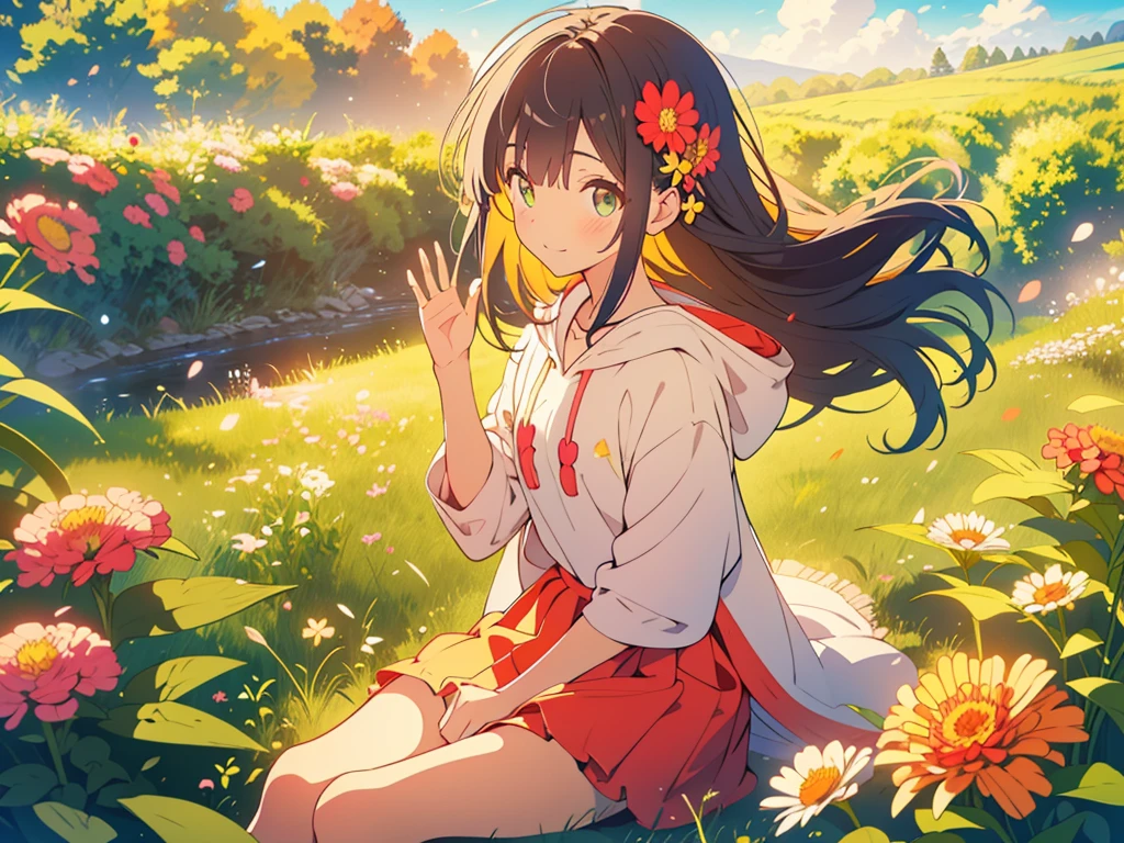 kawaii, anime, Cute, hyper quality, highly detailed, 8k, Clarity, Draw facial expressions in detail, A girl with long dark brown hair winks, Zinnia, colorful zinnia flower field, highlight on eyes, Moe sleeves, smile, clear sky, The wind passes through, Flowers waving in the wind, Colorful zinnia petals dance in the sky, wave one hand, Sit with one leg extended and your knees raised, A pile of books on my back, reading in the meadow, red zinnia, yellow zinnia, white zinnia, pink zinnia, wearing a short-sleeved hoodie, skirt, Books scattered around, sit, The expression is a wink, A cluster of colorful zinnias grows, The flowers are wet with morning dew and shine, A bird flaps its wings in the sky, Thank you for waving, The color of the open eyes is green, upward glance, wave one's hands, wave hands, Zinnia bookmark, Pressed zinnia flower bookmark, holding a book, green eyes, clouds running, parabola in the sky, close one eye, Draw only one person, celebration, Congratulations !, put on a hoodie, wear a small crown, special perspective,