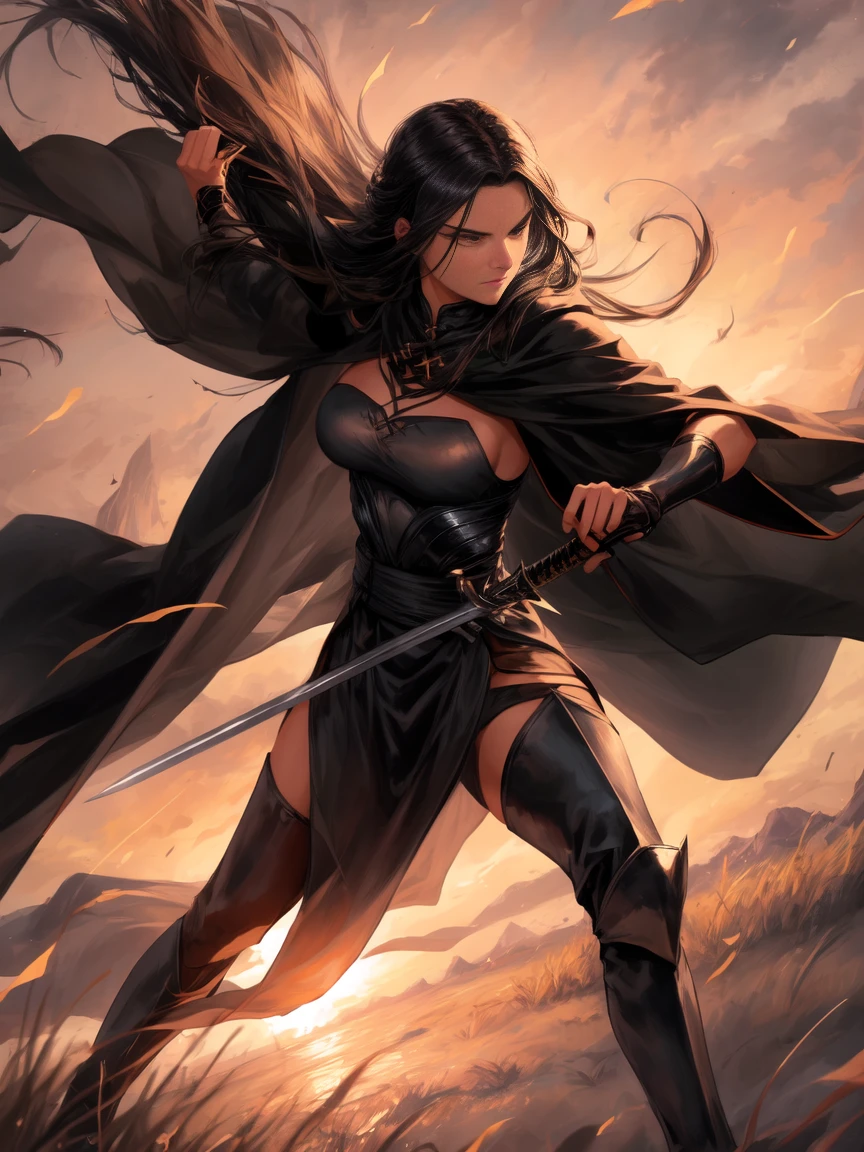 1 Girl, Mature female,
Black outfit, long sword in hand, flowing cape, long hair tied up, showing confidence, dark leather boots, fighting posture, sharp eyes, strong body, brave and fearless, grassland background, sunset, dust flying, two swords crossed