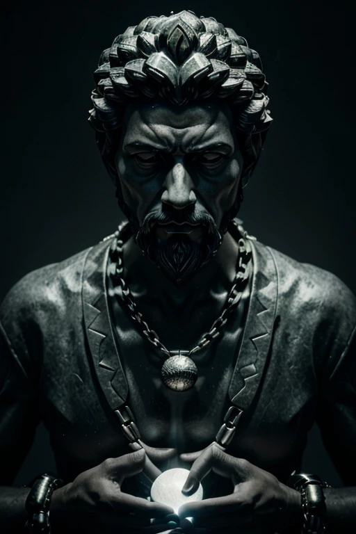 An image of a wise-looking character resembling Marcus Aurelius in black and white colors featuring stoic philosopher in form of sculpteres holding a glowing orb representing thoughts, with chains breaking away from the orb, symbolizing freedom from anger, envy, and fear.HYPER REALISTIC