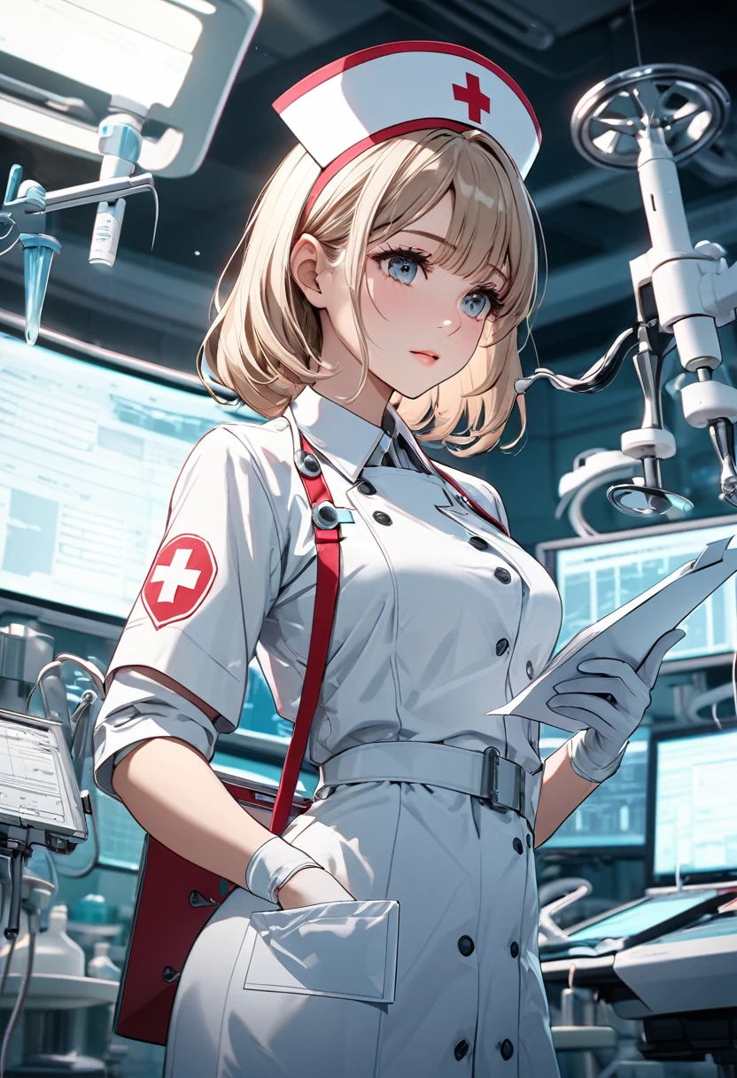 A young and beautiful female nurse，Wearing a white coat，Wear a medical mask，Wearing a nurse's hat，in the operating room，Hands holding surgical tools. There are many medical surgical instruments in the background. Complex style work with large depth of field and cinematic processing., Cinematic mood lighting creates dramatic effect Highly detailed structure digital art, high detail, High quality animation style