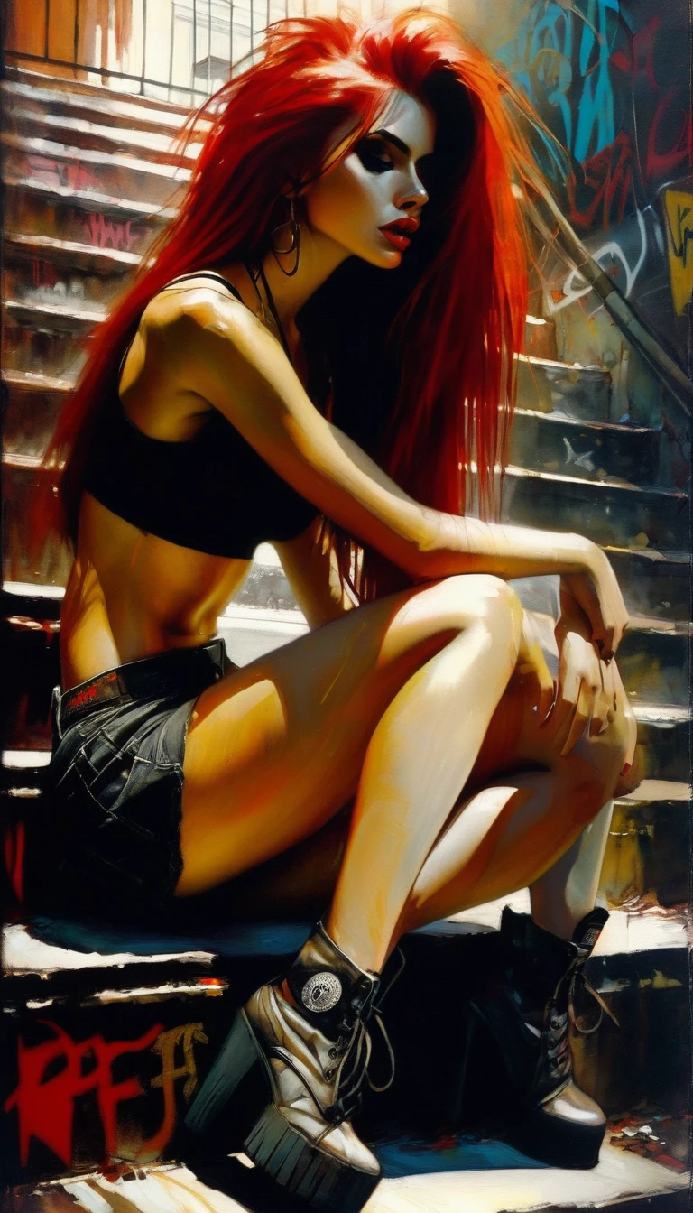 girl with long red hair, very sexy, punk look, sitting on some stairs in the street, miniskirt, open legs, erotism, sexy, tank top, side breasts, open legs we see her panties, abandoned neighborhood full of graffiti,between shadows, oil painting, chiaroscuro, sensual, dramatic lighting, moody atmosphere, dark and brooding, expressionistic, powerful composition, emotional impact, Bill Sienkiewicz inspired art
