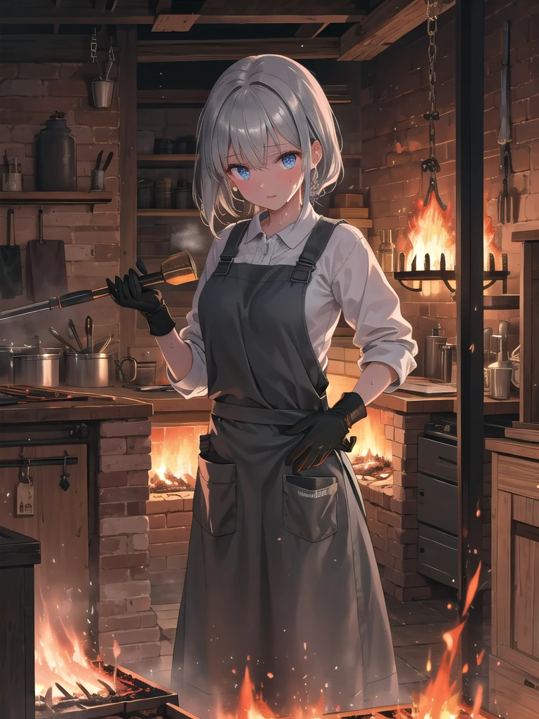 ((8k, best quality, master piece: 1.3)),super high resolution,(1 girl, solo), (colorshift eyes, hyperdetailed, expressive sparkling, glitter, glowing eyes), ultra detailed eyes, ultra-detailed face, random hair, ((silver gray color)),A scene of a female blacksmith forging iron over fire. In the background, tools and furnaces typical of a blacksmith's shop can be seen. She is wearing protective work clothes and an apron, and is holding a hammer in her hand. Her expression as she forges the iron in earnest is depicted, creating the atmosphere of a blacksmith's shop enveloped in heat. The light of the red-hot furnace illuminates her face and hands, creating shadows and emphasizing the three-dimensional effect. The overall color palette is unified with warm colors, expressing the heat of the blacksmith's shop. The movement of her hands and the posture of her body are depicted realistically, and her hair is slightly damp with sweat. Unfinished iron products and tools are lined up on the workbench, giving the impression of a realistic lifestyle. The texture of the iron, the cold metal of the tools, and the softness of the fabric of her work clothes are depicted in detail.