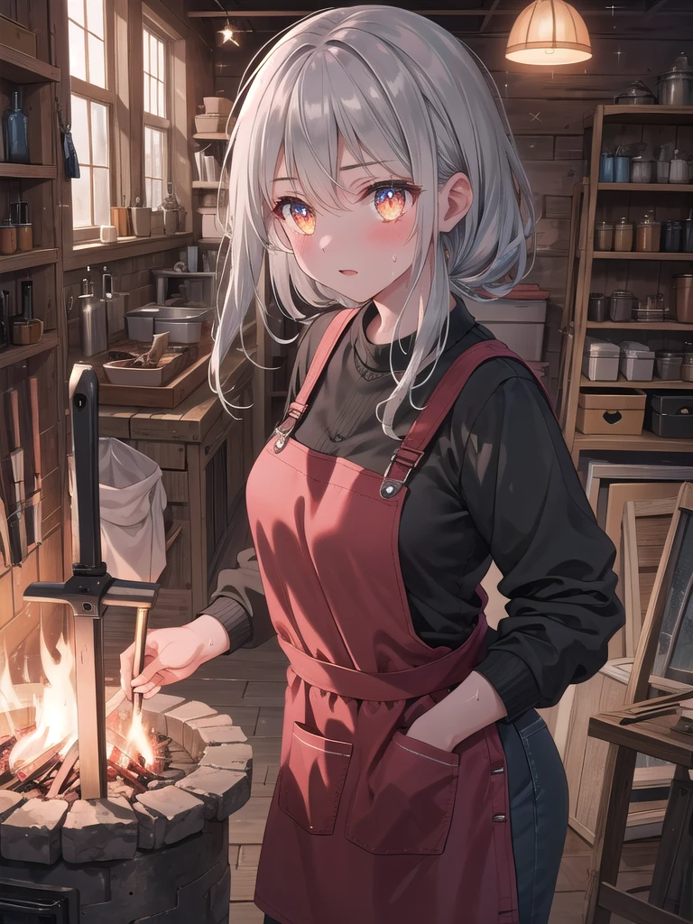 ((8k, best quality, master piece: 1.3)),super high resolution,(1 girl, solo), (colorshift eyes, hyperdetailed, expressive sparkling, glitter, glowing eyes), ultra detailed eyes, ultra-detailed face, random hair, ((silver gray color)),A scene of a female blacksmith forging iron over fire. In the background, tools and furnaces typical of a blacksmith's shop can be seen. She is wearing protective work clothes and an apron, and is holding a hammer in her hand. Her expression as she forges the iron in earnest is depicted, creating the atmosphere of a blacksmith's shop enveloped in heat. The light of the red-hot furnace illuminates her face and hands, creating shadows and emphasizing the three-dimensional effect. The overall color palette is unified with warm colors, expressing the heat of the blacksmith's shop. The movement of her hands and the posture of her body are depicted realistically, and her hair is slightly damp with sweat. Unfinished iron products and tools are lined up on the workbench, giving the impression of a realistic lifestyle. The texture of the iron, the cold metal of the tools, and the softness of the fabric of her work clothes are depicted in detail.