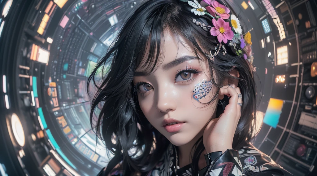 (((Highly detailed CG unit 8K wallpaper:1.2, masterpiece, High resolution:1.2, Highest quality:1.2, Tabletop))), ((Very beautiful woman, Put your hands in your pockets:1.8, Grunge Fashion:1.2, wear a blouson:1.2, Wearing black leather pants, Putting on your shoes)), ((Highly detailed face, Highly detailed black eyes, Highly detailed body, Highest qualityのリアルテクスチャスキン)), (Black-haired, Hair length, White skin, small), ((colorful geometric pattern wall, Colorful wall)), (High Angle, Fisheye Lens:1.3), Surreal, Digital Painting,