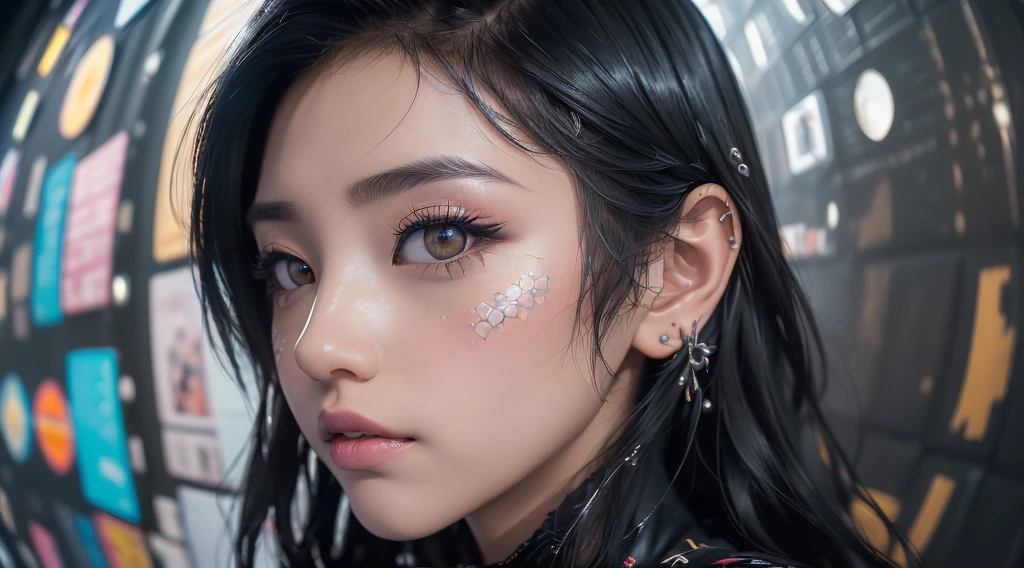 (((Highly detailed CG unit 8K wallpaper:1.2, masterpiece, High resolution:1.2, Highest quality:1.2, Tabletop))), ((Very beautiful woman, Put your hands in your pockets:1.8, Grunge Fashion:1.2, wear a blouson:1.2, Wearing black leather pants, Putting on your shoes)), ((Highly detailed face, Highly detailed black eyes, Highly detailed body, Highest qualityのリアルテクスチャスキン)), (Black-haired, Hair length, White skin, small), ((colorful geometric pattern wall, Colorful wall)), (High Angle, Fisheye Lens:1.3), Surreal, Digital Painting,