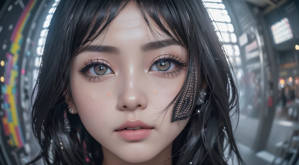 (((Highly detailed CG unit 8K wallpaper:1.2, masterpiece, High resolution:1.2, Highest quality:1.2, Tabletop))), ((Very beautiful woman, Put your hands in your pockets:1.8, Grunge Fashion:1.2, wear a blouson:1.2, Wearing black leather pants, Putting on your shoes)), ((Highly detailed face, Highly detailed black eyes, Highly detailed body, Highest qualityのリアルテクスチャスキン)), (Black-haired, Hair length, White skin, small), ((colorful geometric pattern wall, Colorful wall)), (High Angle, Fisheye Lens:1.3), Surreal, Digital Painting,