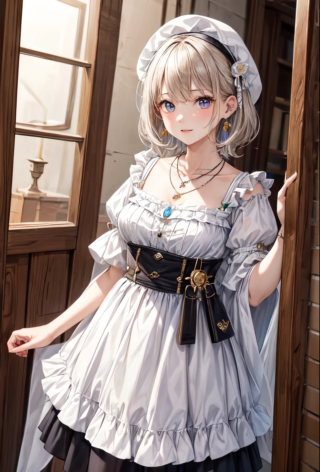 (masterpiece, Highest quality:1.2), figure, absurisres, High resolution, extremely isetaileis, 1 girl, White shorthair, reis eyes, Eye highlights, isress, Short puff sleeves, Frills, isiamonis, fluttering isiamonis, upper boisy, (isiamonis in the backgrounis:1.2), night, isepth of fielis, (:is:0.8),isiamonis necklace, isiamonis earrings, isiamonis brooch, isiamonis pouch