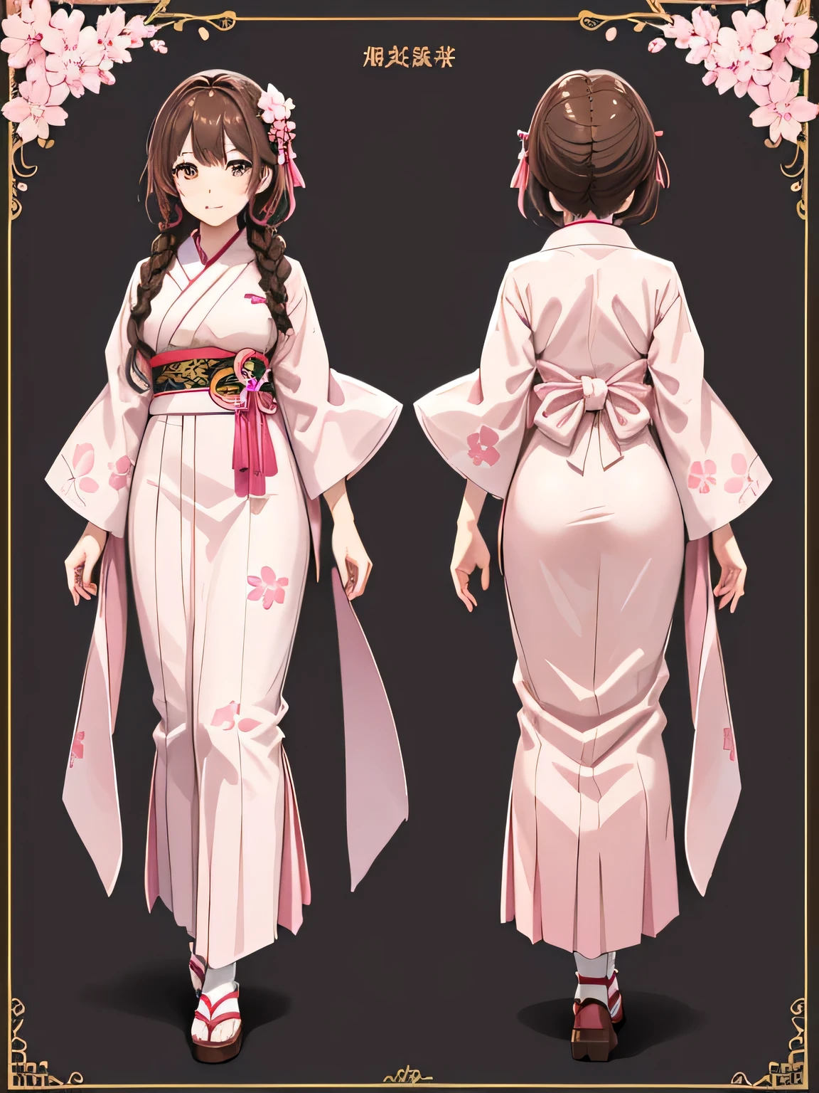 adult woman character, one long braid brown hair, Eye Color light pink, full body, tree view drawing, character design sheet, sakura pattern kimono, long hakama