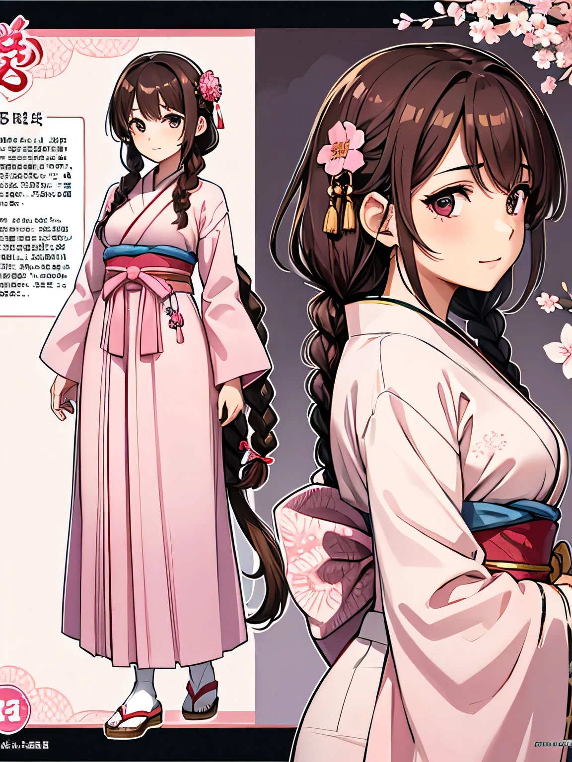 adult woman character, one long braid brown hair, Eye Color light pink, full body, tree view drawing, character design sheet, sakura pattern kimono, long hakama