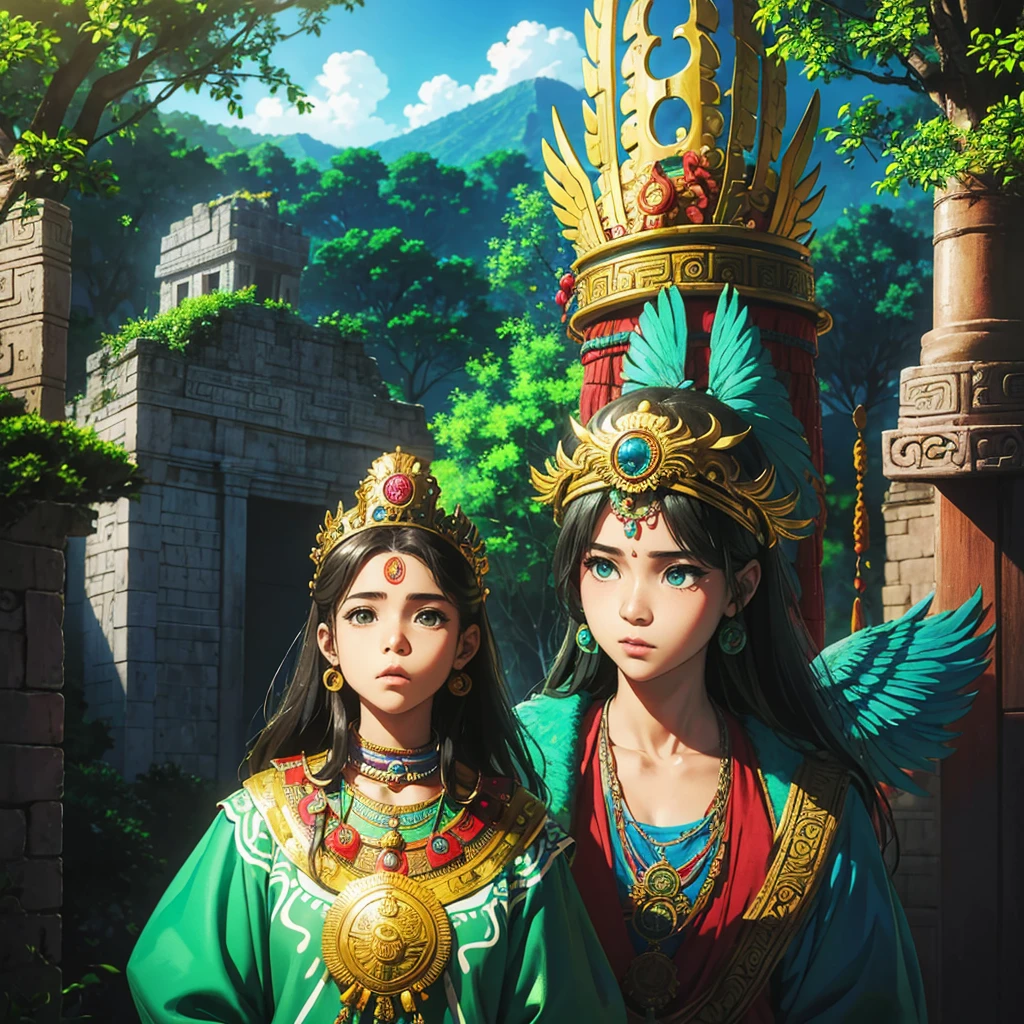 Childish, high quality、Very detailed、8Year、Mayan Aztec young priestess、Looking up at the flying god Quetzalcoatl Kukulkan and offering prayers、Chichen Itza Temple of the Sun in the Forest、mysterious、