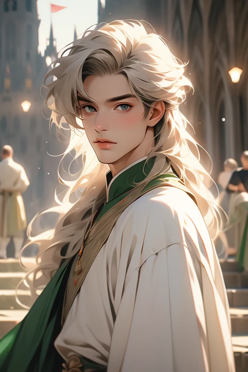 handsome masculine man, green eyes, ash blond hair, shoulder length long hair, green medieval noble clothes, light skin
