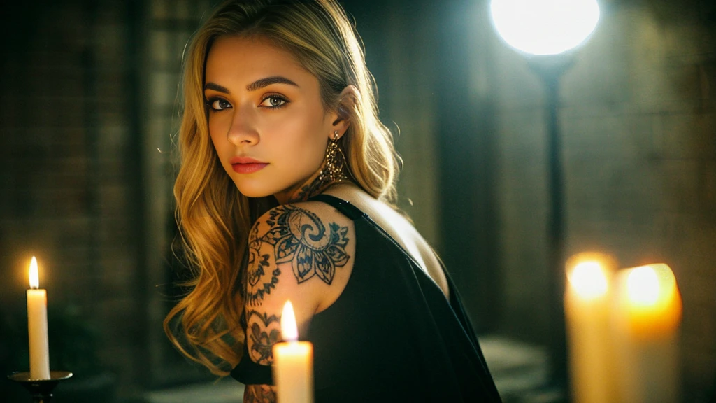 tatuados,Beautiful blonde with big breasts in a black dress、(Back tattoo、Many tattoos on both arms and neck)、 (Late night back alley、walk),Candlelight only,Very detailed, 21 years old, Innocent face, Wavy Hair, blue eyes, High resolution, masterpiece, Highest quality, Intricate details, Very detailed, Clear focus, Delicate skin, practical skin texture, texture, Delicate eyes, Professional, 4K, Sad face,despair、 Shot with Canon, 85mm, Shallow and deep, Kodak Vision Color, Exactly, Very detailed, photograph_\(Extremist\), photographpractical, practical, Post-processing, Maximum details, Roughness, Real Life, Extremist practical, Photorealism, photographgraphy, 8K Ultra HD, photographgraphy