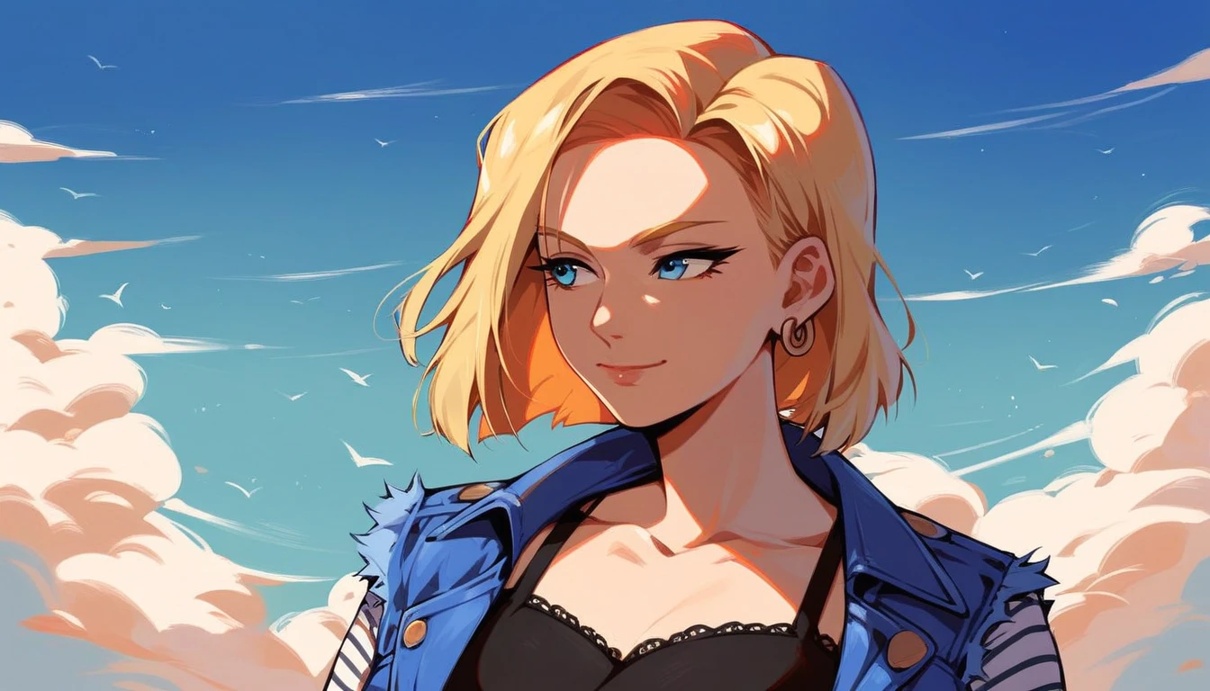 1girl, solo, android 18, blonde hair, blue eyes, short hair, jewelry, earrings, smile, jacket, looking to the side, denim, denim jacket, upper body, lingerie, closed mouth, cloud, sky, day, looking away, blue sky, collarbone,