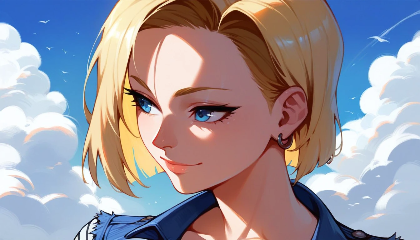1girl, solo, android 18, blonde hair, blue eyes, short hair, jewelry, earrings, smile, jacket, looking to the side, denim, denim jacket, upper body, lingerie, closed mouth, cloud, sky, day, looking away, blue sky, collarbone,