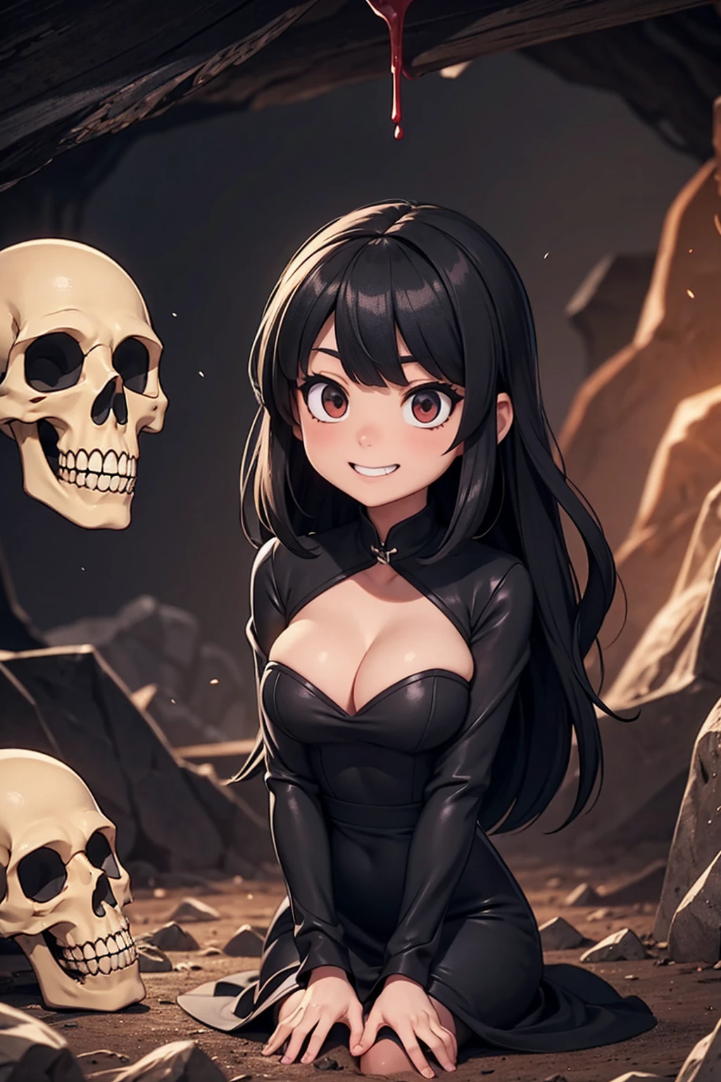 hellの女王、smile、Villainess、Bad guy、Sit in the King's Chair、Large Breasts、Black long dress、Long black hair、Red eyes、smile、There are lots of skeletons lying on the ground、Rocky cave、lava、hell、Bottom of the Abyss、