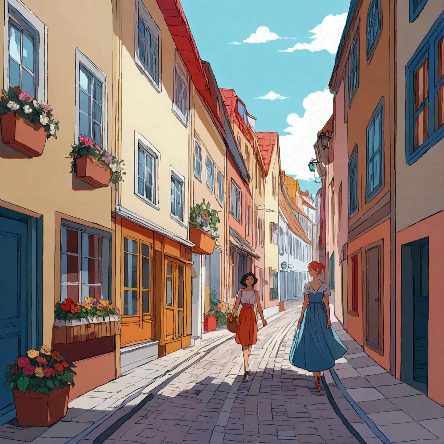 Summer sky, woman walking on the road, flowers, nostalgic, Nordic streetscape
