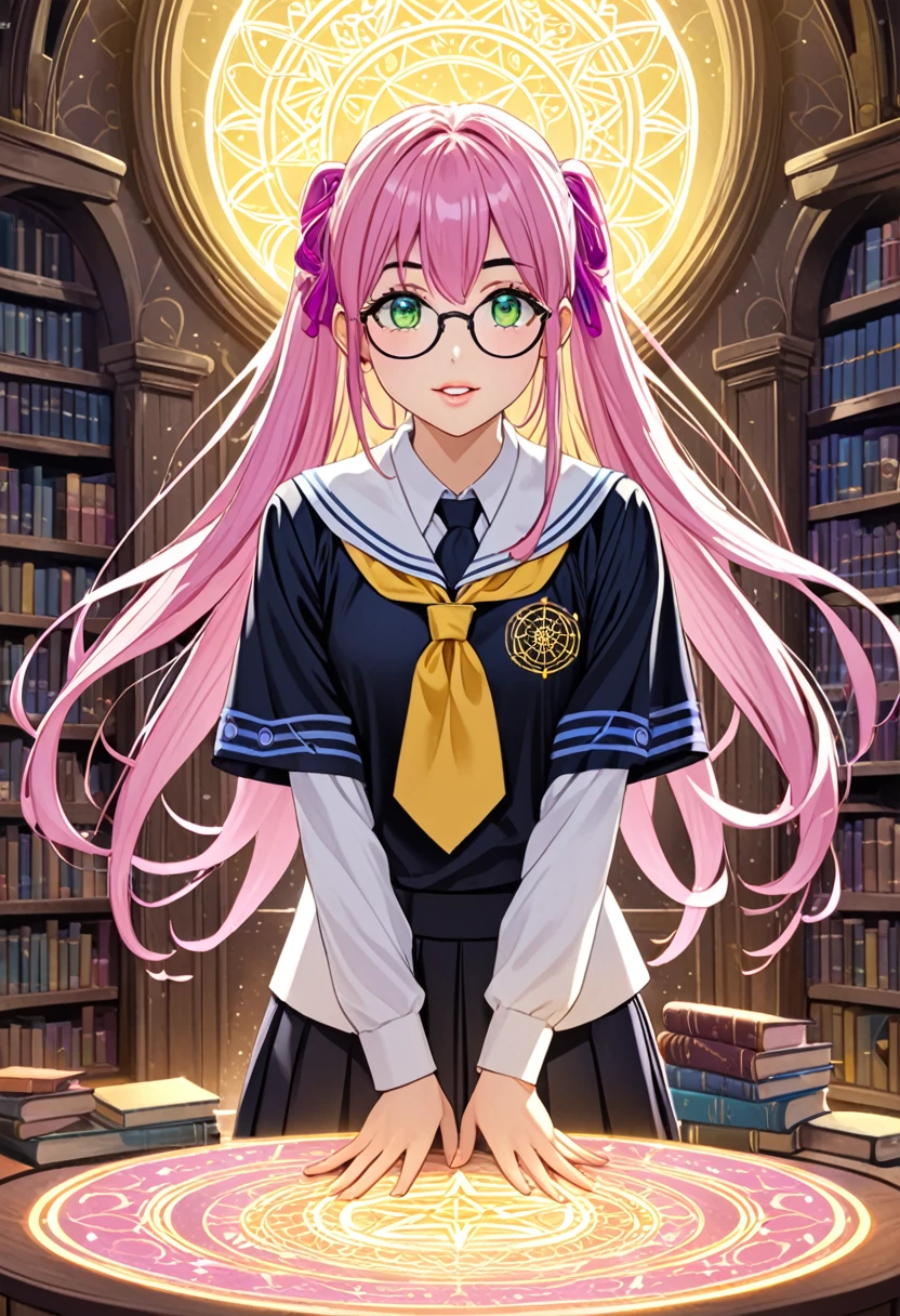 Long black pony-tail hair ,with pink hair tie ,green eyes ,study rounded glassess ,thick eyebrows ,pink pale parted lips ,white teeth ,blue highschool girl uniform ,widen her hands standing over yellow magic circle ,background of doengon indoors theme ,purple cryatal all around the walls and ground ,yellow and white mana fall from the circle upward her stand ,books opeens and shining in respons to the magic activation ,high details ,solo female