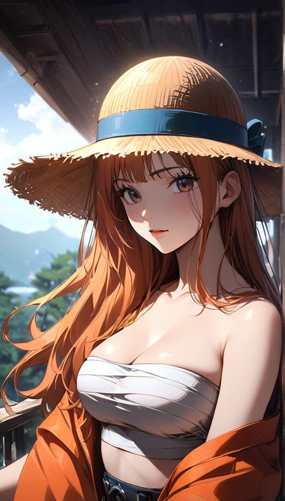 masterpiece, Highest quality), 複雑なdetailed, 1 girl, woman, Orange Hair, we \ (one piece\), (Long Hair), shirt, white shirt, womanに焦点を当てる, Clothes, Orange kimono, sarashi, nature, scenery, Upper Body, Straw hat, ((Front view)) ((Close-up shot)) ((alone)) ((Hair covering one side of the face)) detailed, Very high resolution, No blurry images, whole body, Green Eyes, Wavy Hair, ((we from one piece)) ((female we from one piece)), Holding a sword 