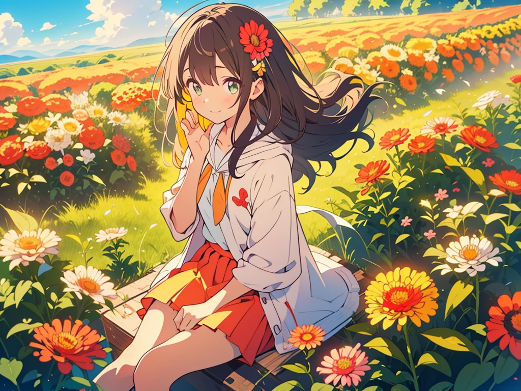 kawaii, anime, Cute, hyper quality, highly detailed, 8k, Clarity, Draw facial expressions in detail, A girl with long dark brown hair winks, Zinnia, colorful zinnia flower field, highlight on eyes, Moe sleeves, smile, clear sky, The wind passes through, Flowers waving in the wind, Colorful zinnia petals dance in the sky, wave one hand, Sit with one leg extended and your knees raised, A pile of books on my back, reading in the meadow, red zinnia, yellow zinnia, white zinnia, pink zinnia, wearing a short-sleeved hoodie, skirt, Books scattered around, sit, The expression is a wink, A cluster of colorful zinnias grows, The flowers are wet with morning dew and shine, A bird flaps its wings in the sky, Thank you for waving, The color of the open eyes is green, upward glance, wave one's hands, wave hands, Zinnia bookmark, Pressed zinnia flower bookmark, holding a book, green eyes, clouds running, parabola in the sky, close one eye, Draw only one person, celebration, Congratulations !, put on a hoodie, wear a small crown, special perspective, wave one's hand,