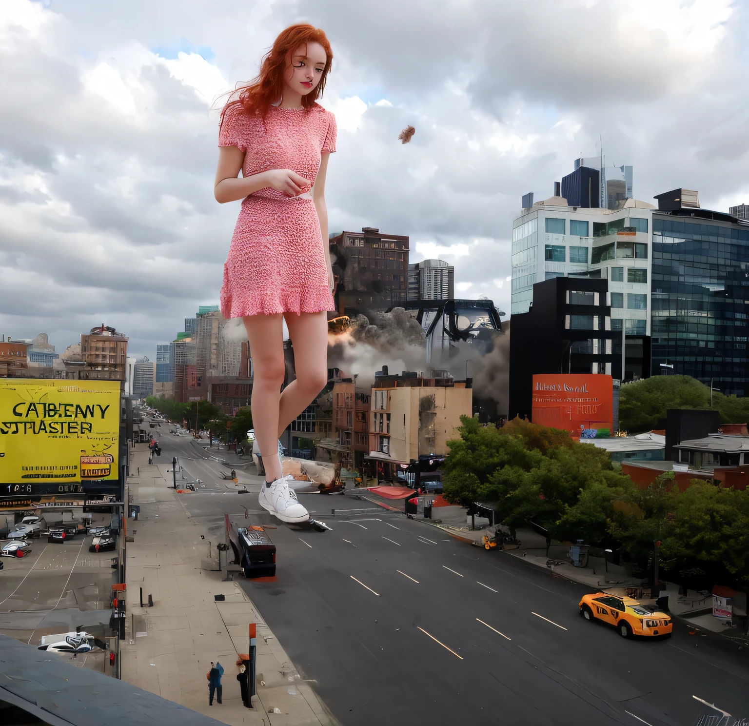 one woman, natural irish red hair, curly hair, cute 18 years old, natural makeup, freckles, green eyes, european girl,mega giantess, standing, sneakers, jeans, sweater, skyscrapers, city destruction, collapsing buildings, fire, smoke, explosions, dust explosions, gray tint, clear sky