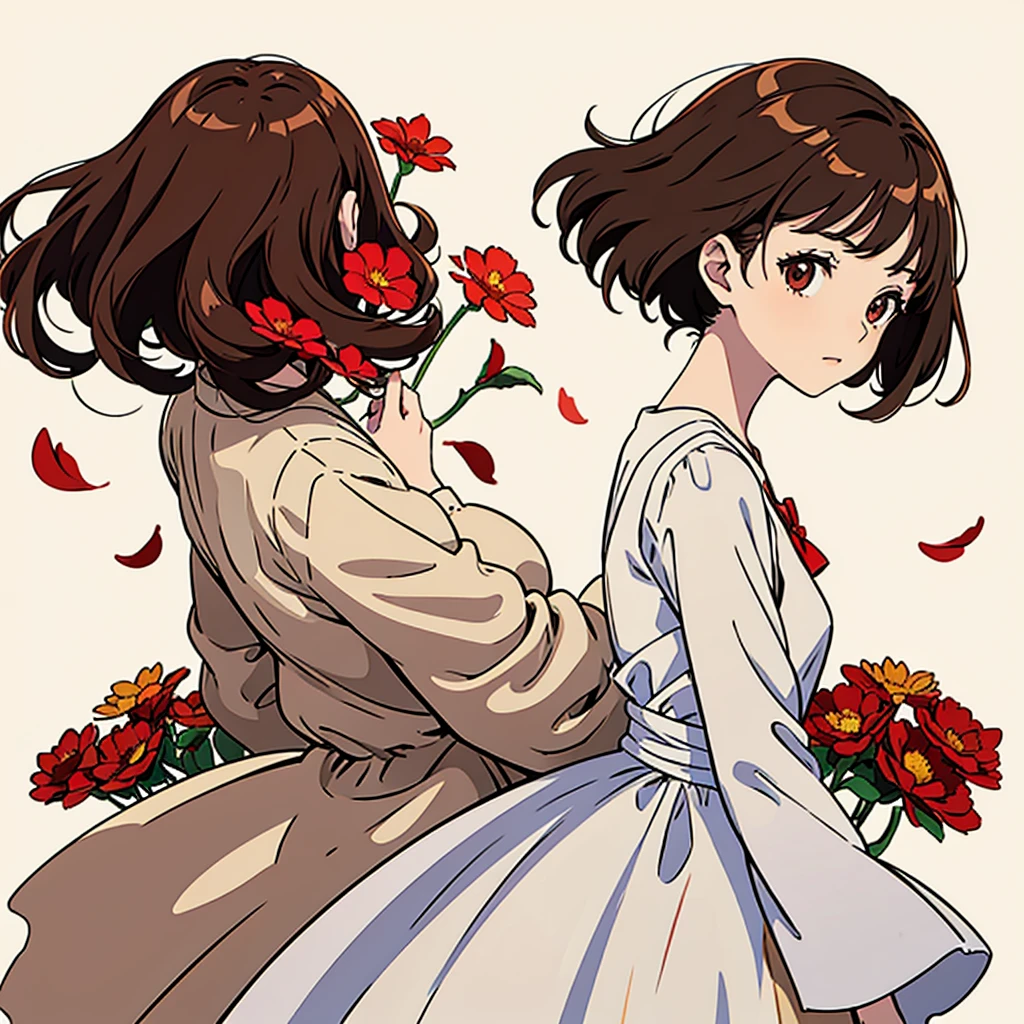 Red flower, woman in white dress, brown hair, beige background, simple, handwritten style