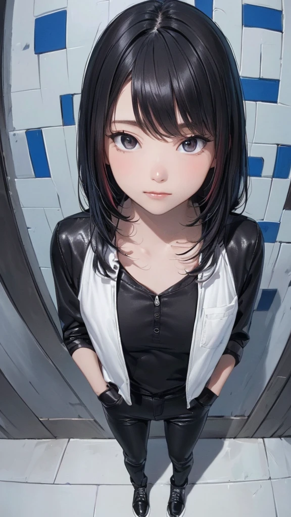 (((Highly detailed CG unit 8K wallpaper:1.2, masterpiece, High resolution:1.2, Highest quality:1.2, Tabletop))), ((Very beautiful woman, Put your hands in your pockets:1.8, Grunge Fashion:1.2, wear a blouson:1.2, Wearing black leather pants, Putting on your shoes)), ((Highly detailed face, Highly detailed black eyes, Highly detailed body, Highest qualityのリアルテクスチャスキン)), (Black-haired, Hair length, White skin, small), ((colorful geometric pattern wall, Colorful wall)), (High Angle, Fisheye Lens:1.3), Surreal, Digital Painting,