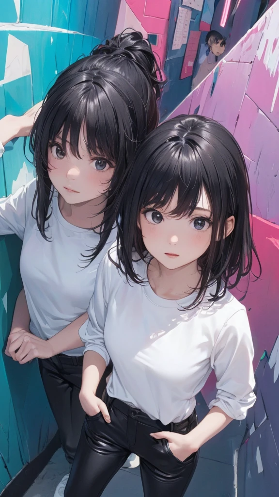 (((Highly detailed CG unit 8K wallpaper:1.2, masterpiece, High resolution:1.2, Highest quality:1.2, Tabletop))), ((Very beautiful woman, Put your hands in your pockets:1.8, Grunge Fashion:1.2, wear a blouson:1.2, Wearing black leather pants, Putting on your shoes)), ((Highly detailed face, Highly detailed black eyes, Highly detailed body, Highest qualityのリアルテクスチャスキン)), (Black-haired, Hair length, White skin, small), ((colorful geometric pattern wall, Colorful wall)), (High Angle, Fisheye Lens:1.3), Surreal, Digital Painting,
