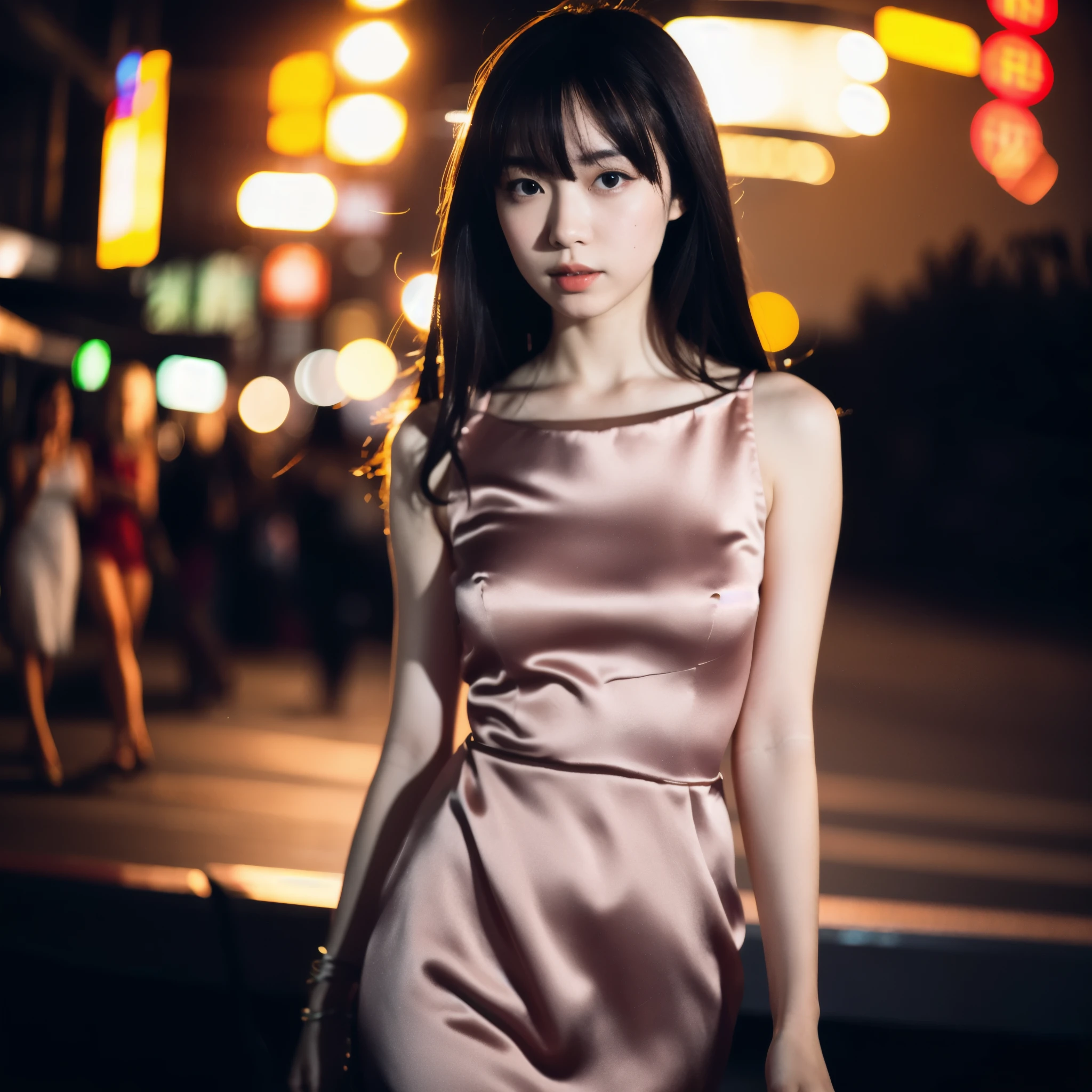 High resolution, One Girl, Background Blur, night,Fashion Model,dress,Cinematic aesthetics