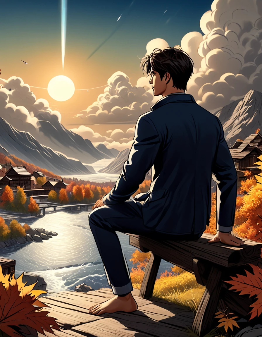 Another colorful autumn ...((full body)), photorealistic, hd, 8k resolution, fullbody, 16k resolution, hd, view from behind, ****ung man, slentder athletic toned body, cimanon skin, gorgeous, perfect anatomy, is sitting by the river watching the sun rice in the background, river, mountains, sun, clouds He is wearing flip flop sandals, dramatic, pacefull scene, centered, symmetry, painted, intricate, volumetric lighting, beautiful, rich deep colors masterpiece, sharp focus, ultra detailed, in the style of dan mumford and marc simonetti, astrophotography