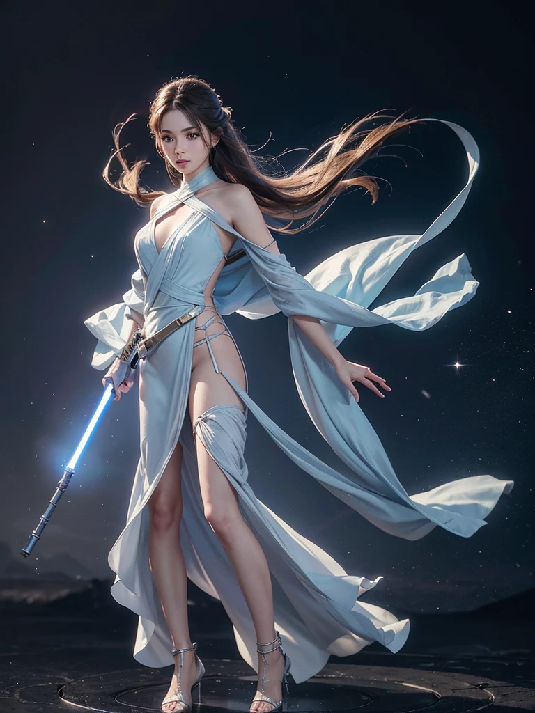 , jedi Girl, Star wars, laser sword in hand,full body picture,, beautyful face, beautyful body, open legs , ,,,thin micro dress, five fingers perfect hands, sharp picture, high quality, ultrarealistic, 3D,