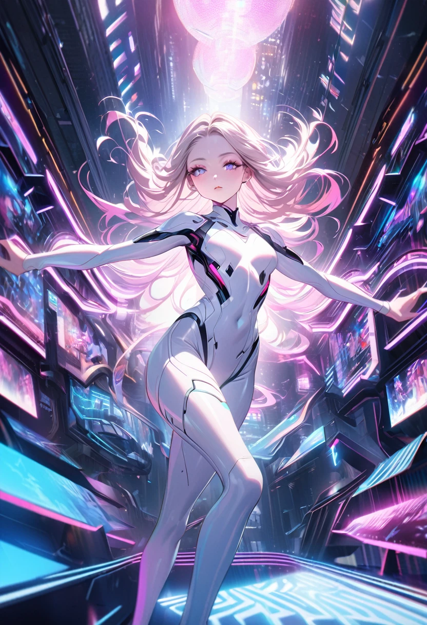 a beautiful young woman in a white bodysuit, elegant, detailed face, beautiful eyes, stunning long eyelashes, detailed facial features, slender figure, dynamic pose, intricate futuristic background, advanced technology, neon lights, vibrant colors, cinematic lighting, photorealistic, 8k, high quality, masterpiece