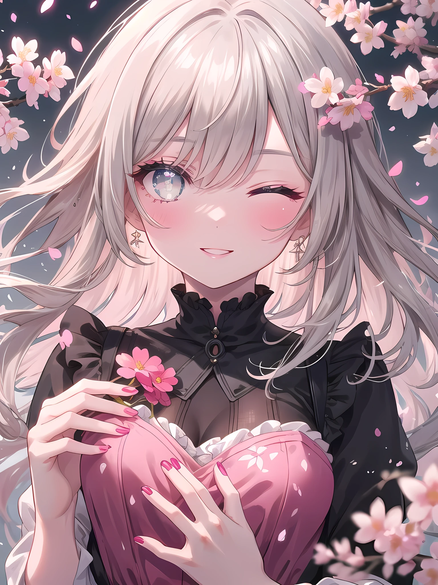 ((8k, best quality, master piece: 1.3)),super high resolution,(1 girl, solo), (colorshift eyes, hyperdetailed, expressive sparkling, glitter, glowing eyes), ultra detailed eyes, ultra-detailed face, random hair, ((silver gray color)),(one eye closed), The background is a spring park with cherry blossom trees in full bloom. She is wearing a pale pink dress with delicate frills and ribbons. The shot is taken from the bust so that her expression can be clearly seen. The woman's face is made up of natural makeup, with pink matte lips. Her winking eye has soft eyeshadow and long eyelashes, while her other eye is wide open and gently shining. The smile she gives as she winks creates soft shadows on her cheeks, giving her face a three-dimensional look. Her hair is a natural wave, with each strand of hair realistically drawn. Her hair is light brown, with cherry blossom petals scattered in it. The background features a cherry blossom tree and fallen petals, creating a spring atmosphere. The overall color palette is unified with soft pink tones, giving it a warm impression. Petals are drawn on her hands, giving the impression of the beauty of spring nature. The nails on her fingertips are also drawn in detail. The texture of the skin, the softness of the fabric of the dress, and the way the light hits her are all depicted in detail.