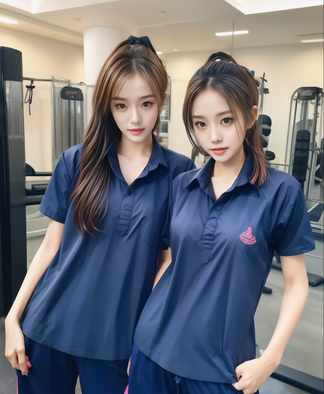 3 girls in fitness center, Navy blue short-sleeved shirt,Navy Long Trackpant,Sweatpants, Sweatpantsขายาว,25 year old girl, lesbian, sexy, exercise clothes, wet body, exercise clothes