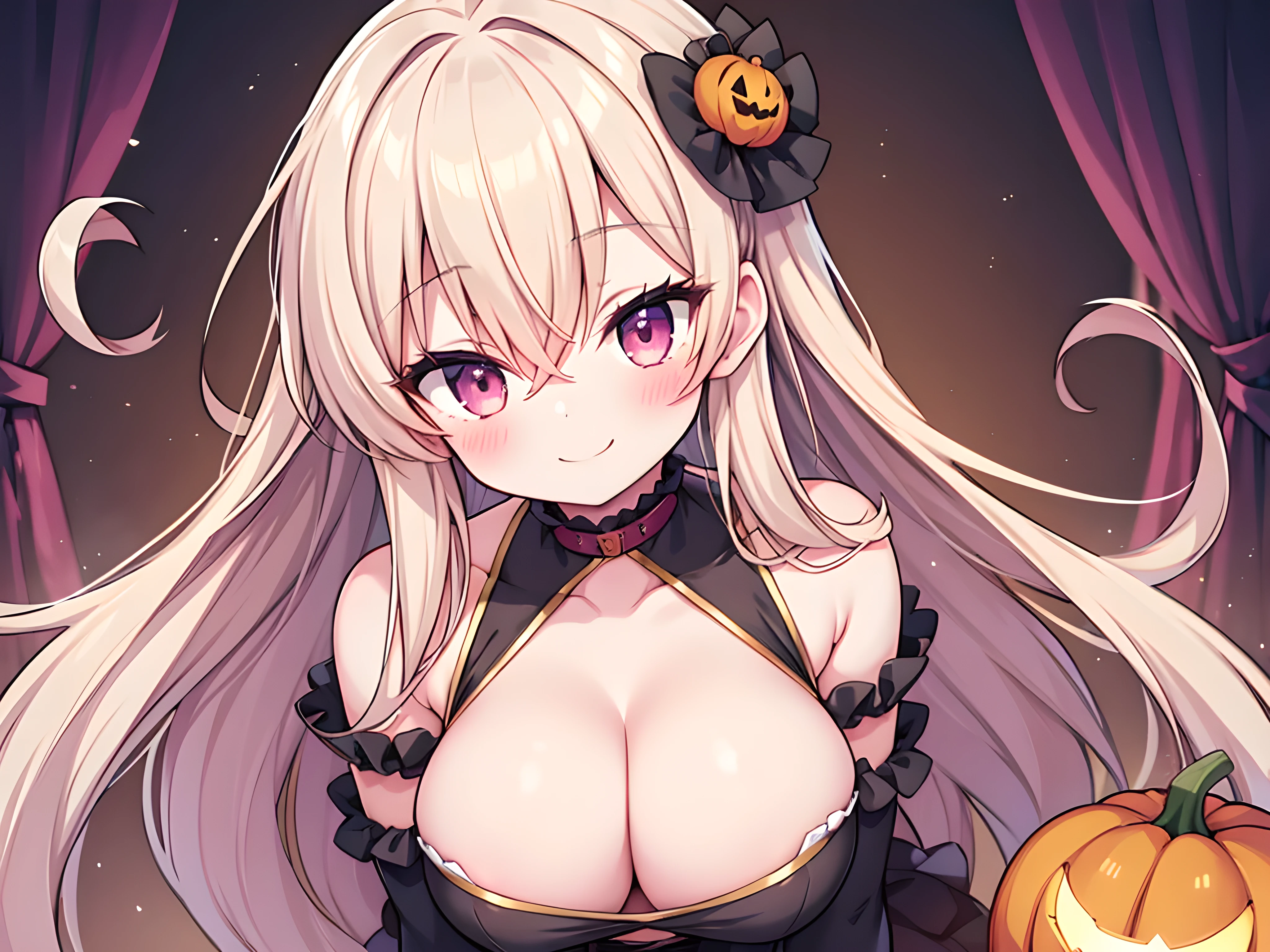 1girl, solo, mummy, blush, long hair, large breasts, smile, costume, cleavage, hair between eyes, bandaged arm, collarbone, jack-o'-lantern, medium breasts, looking at viewer