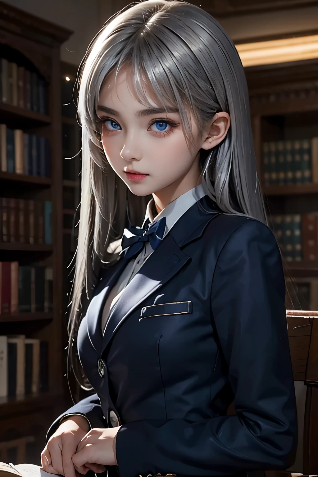 masterpiece,Highest quality,Very detailed,beautiful girl,Navy blue blazer uniform,Checkered Skirt, teenager,Silver Hair,blue eyes,Perfect Face,Beautiful and detailed eyes,Beautiful Skin,skinny,Dynamic,A great library