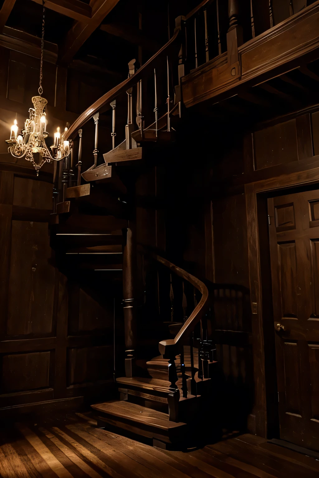 spiral staircase old wood mansion dark creepy 