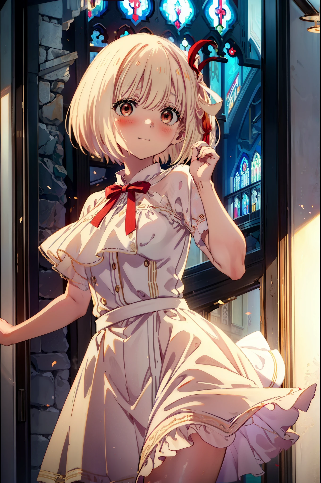 ,chisato nishikigi, short hair, bangs, Blonde, (Red eyes:1.5), hair ribbon, One side up, Bobcut,Wedding dress,Wedding Skirts,bouquet,smile,blush,whole bodyがイラストに入るように,
break indoors, Chapel,church,
break looking at viewer, whole body,(Cowboy Shot:1.5),
break (masterpiece:1.2), Highest quality, High resolution, unity 8k wallpaper, (figure:0.8), (Beautiful attention to detail:1.6), Highly detailed face, Perfect lighting, Highly detailed CG, (Perfect hands, Perfect Anatomy),
