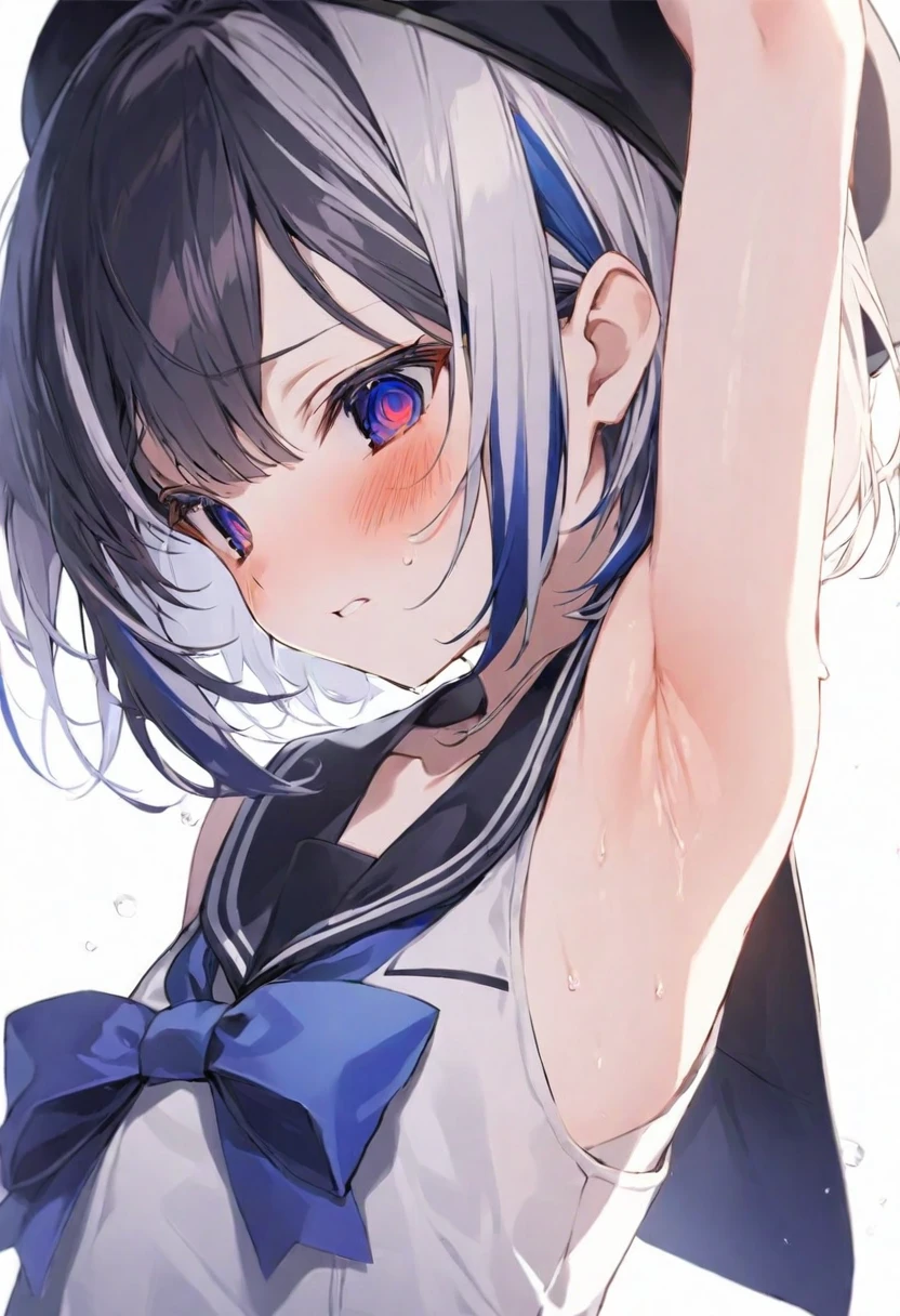 (muste piece), (best quality), (score_9, score_8_up, score_7_up), very detailed eyes, expressive eyes, perfect face, very detailed face, highly detailed face, beautiful girl, 8K, beautiful girl, white background, delicate and beautiful face and eyes, dark intense shadow, 1 girl, vtuber style, cool girl, hololive, vtuber,amane kanata, multicolored hair, streaked hair, short hair, Berets, Sailor suit, sleeveless suit, short skirt, bow, arm up, armpit, small chest, clavicle, shy expression, blush, (upper body), sweating, from back side, armpit close up, armpit focus, 
