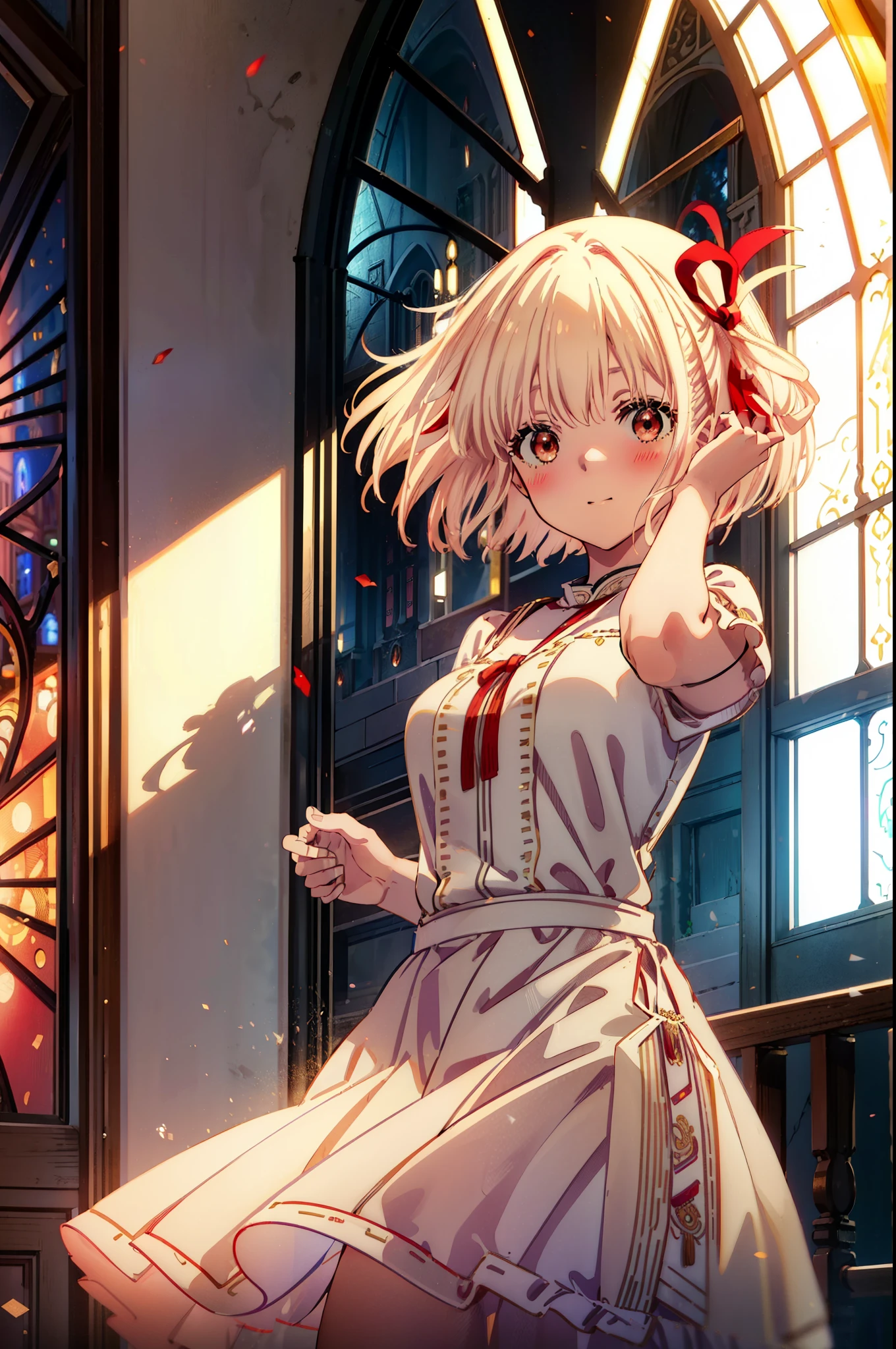 ,chisato nishikigi, short hair, bangs, Blonde, (Red eyes:1.5), hair ribbon, One side up, Bobcut,Wedding dress,Wedding Skirts,bouquet,smile,blush,whole bodyがイラストに入るように,
break indoors, Chapel,church,
break looking at viewer, whole body,(Cowboy Shot:1.5),
break (masterpiece:1.2), Highest quality, High resolution, unity 8k wallpaper, (figure:0.8), (Beautiful attention to detail:1.6), Highly detailed face, Perfect lighting, Highly detailed CG, (Perfect hands, Perfect Anatomy),