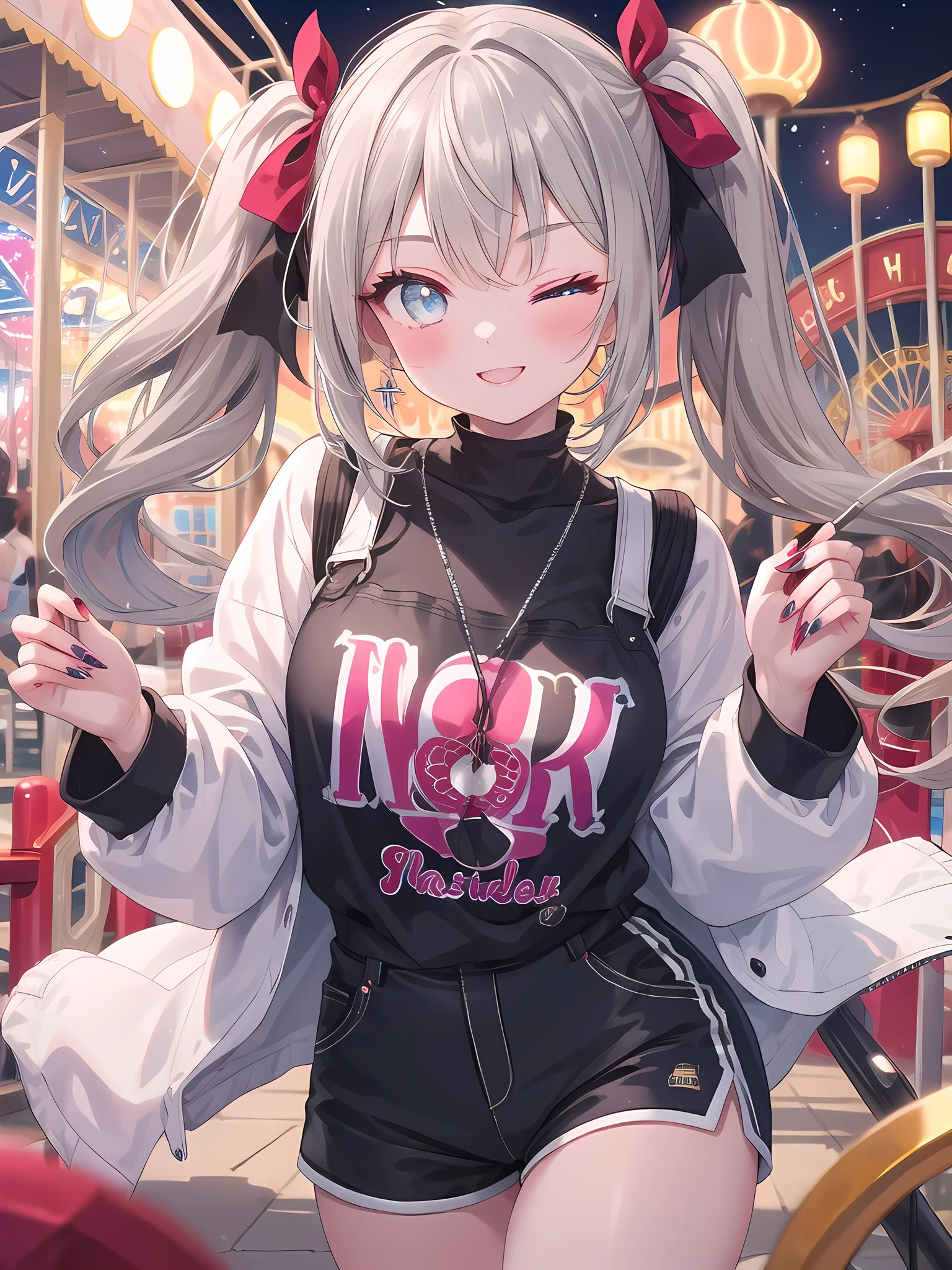 ((8k, best quality, master piece: 1.3)),super high resolution,(1 girl, solo), (colorshift eyes, hyperdetailed, expressive sparkling, glitter, glowing eyes), ultra detailed eyes, ultra-detailed face, random hair, ((silver gray color)),(one eye closed), The background is a colorful amusement park, with a Ferris wheel and a merry-go-round. She is wearing a pop-design top and shorts, with a brightly colored print on the top. The shot is taken from the bust so that her expression can be clearly seen. The woman's face is lightly made up, with cherry red lips and gloss. Her winking eye has light eyeshadow and long eyelashes, while her other eye is wide open and shining with joy. The smile she gives as she winks creates soft shadows on her cheeks, giving her face a three-dimensional look. Her hair is in twin tails, and each strand of hair is drawn realistically. Her hair is light brown and tied with colorful ribbons. The colorful decorations of the amusement park can be seen in the background, creating a fun atmosphere. The overall color palette is unified with vivid hues, giving a bright and pop impression. An amusement park ticket is drawn in her hand, giving a sense of fun. The nails on her fingertips are also drawn in detail. The texture of her skin, the softness of the fabric of her clothes, and the way the light hits them are all depicted in detail.