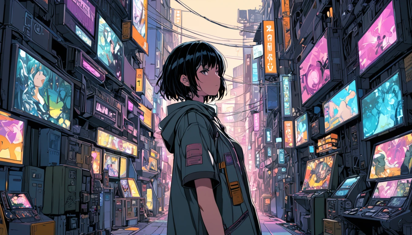((anime: 1.4, figure)), (masterpiece, Highest quality, Highest quality), (Very detailed, The absolute solution), ((16K, High resolution)) (Cyberpunk game world), ( anime: 1.4, figure)), (masterpiece, Highest quality, Highest quality), (Very detailed, The absolute solution). and {Lofi Art, Laurie Griesley's style, Makoto Shinkai's Style, anime Aesthetic}, break {(Produces images with over 40 million pixels of information and cinematic detail。Hot with Sony's slur).}