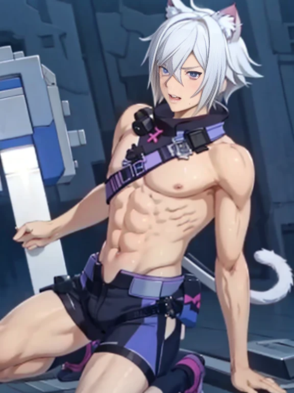 ****ung person,alone,18-year-old,male,Shocked facial expression,blush,good looking,White hair Blue eyes,Purple eyes, Cat ear　Side view　Kneeled　Open your mouth and scream　suffer　Sleeveless, wistful expression　Exposure to electricity　Get it　Thick tail　Upper body naked　Raised to be sexy