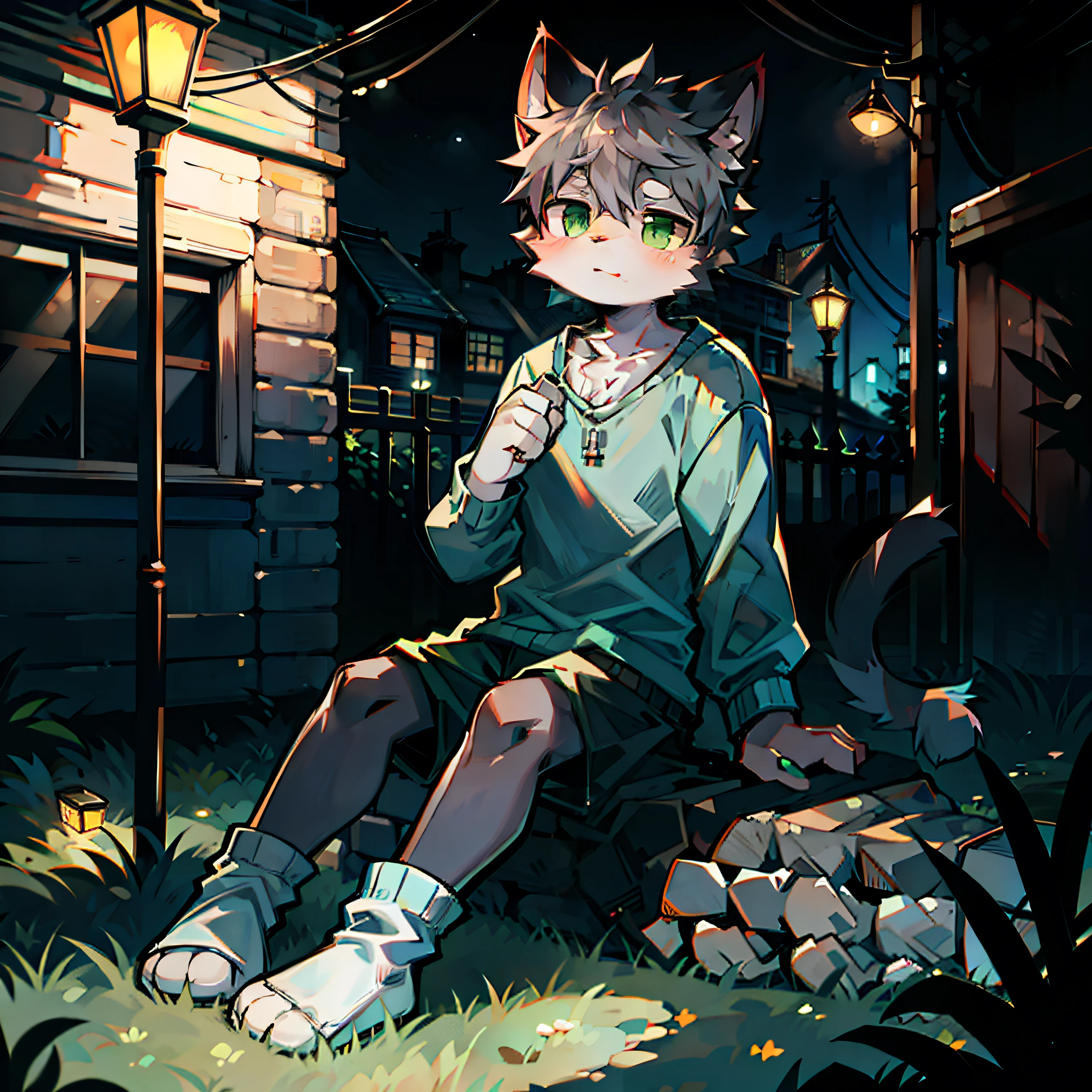 , cat boy,(Dark grey hair),(Dark gray skin),Green Eyes,Sit cross-legged on the grass,(Wear short white socks),Light blue pajamas and shorts,night,Street Lights,The only person,high quality