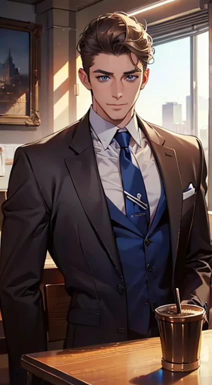(best quality,4k,8k,highres,masterpiece:1.2),ultra-detailed,(realistic,photorealistic,photo-realistic:1.37),1 man,31 years old,mature man,very handsome,without expression,smile,short grey brown hair,blue eyes,penetrating gaze,perfect face without errors,imposing posture,businessman,office background,cinematic lighting,hdr image