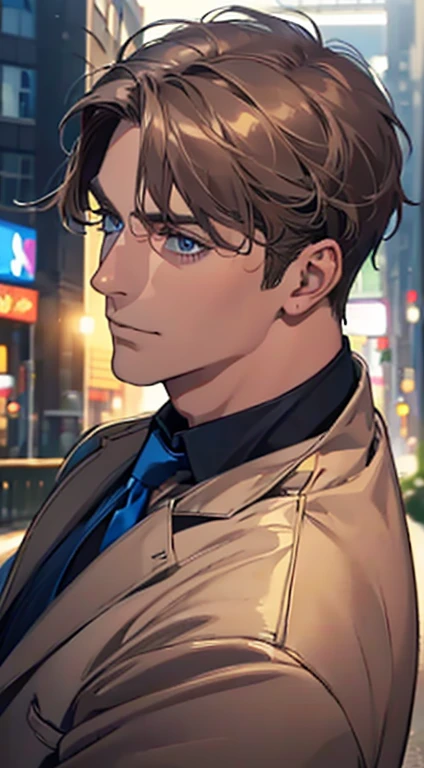 (best quality,4k,8k,highres,masterpiece:1.2),ultra-detailed,(realistic,photorealistic,photo-realistic:1.37),1 man,31 years old,mature man,very handsome,without expression,smile,short grey brown hair,blue eyes,penetrating gaze,perfect face without errors,imposing posture,businessman,office background,cinematic lighting,hdr image